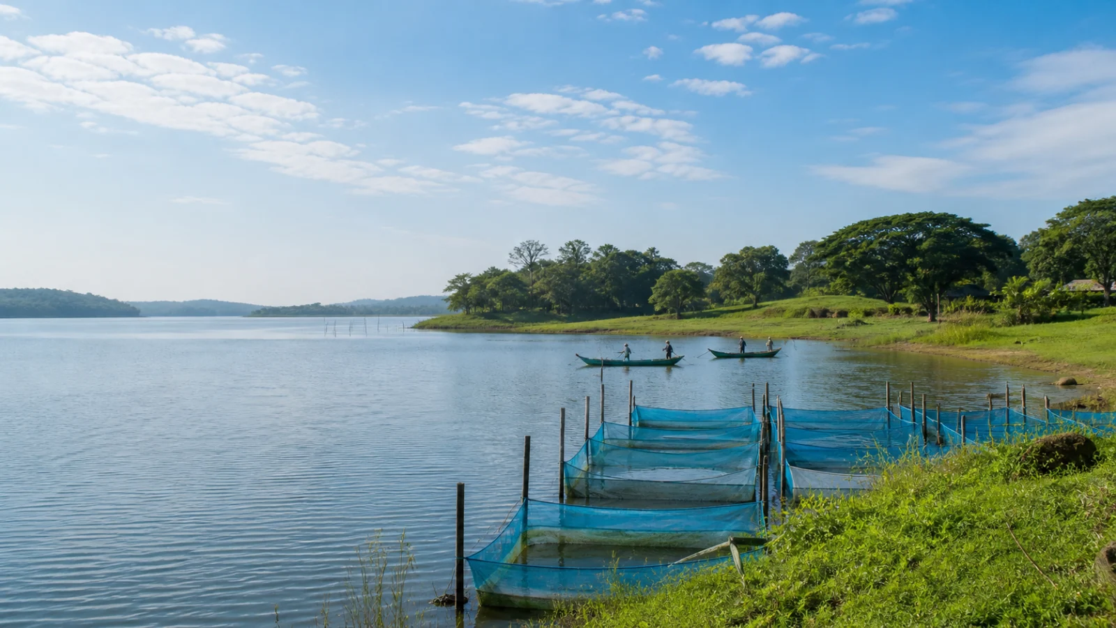 Illustrative inland fishery reservoir with nursery nets in Sri Lanka