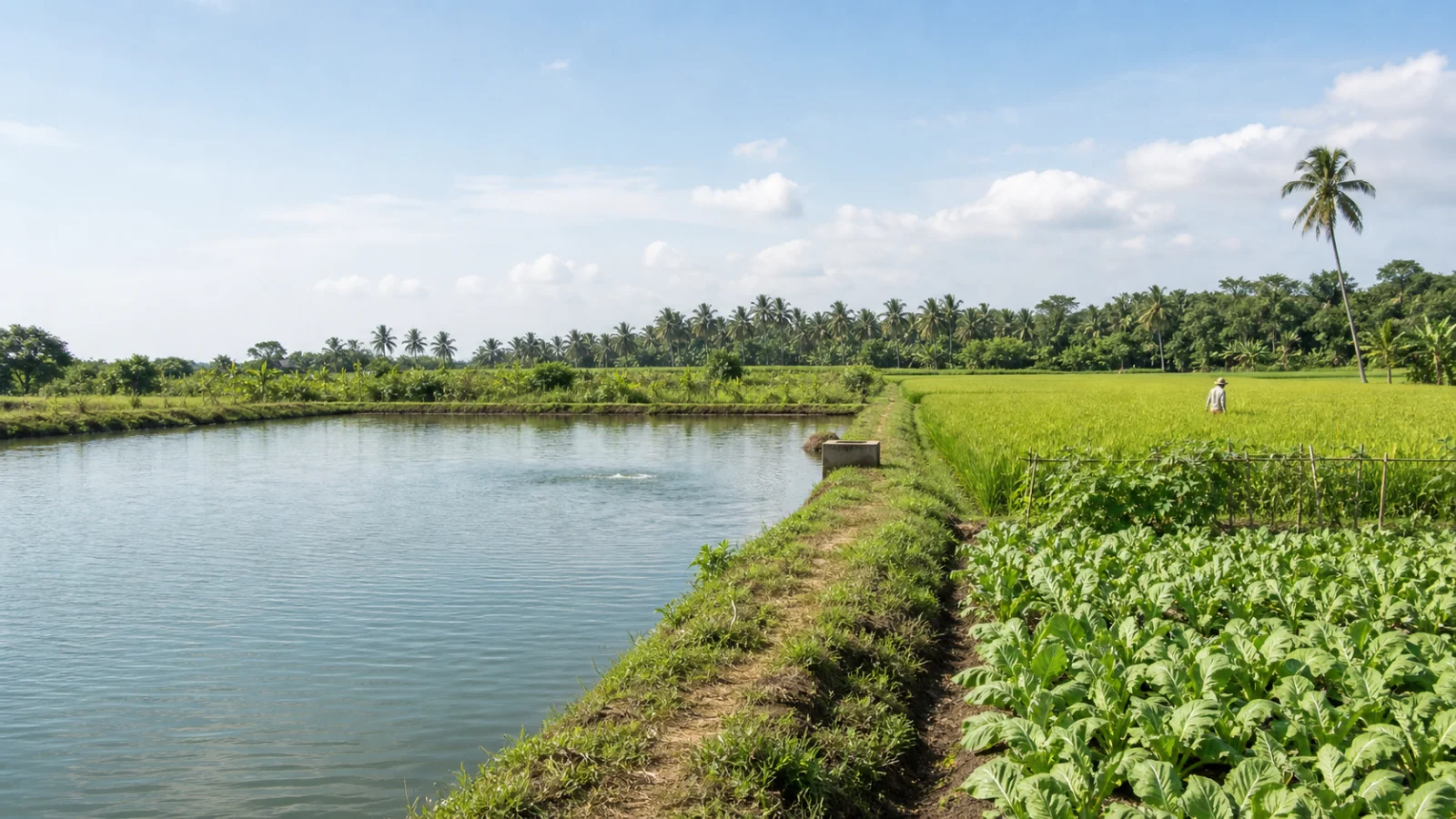 Illustrative integrated fish aquaculture beside crops and water channels